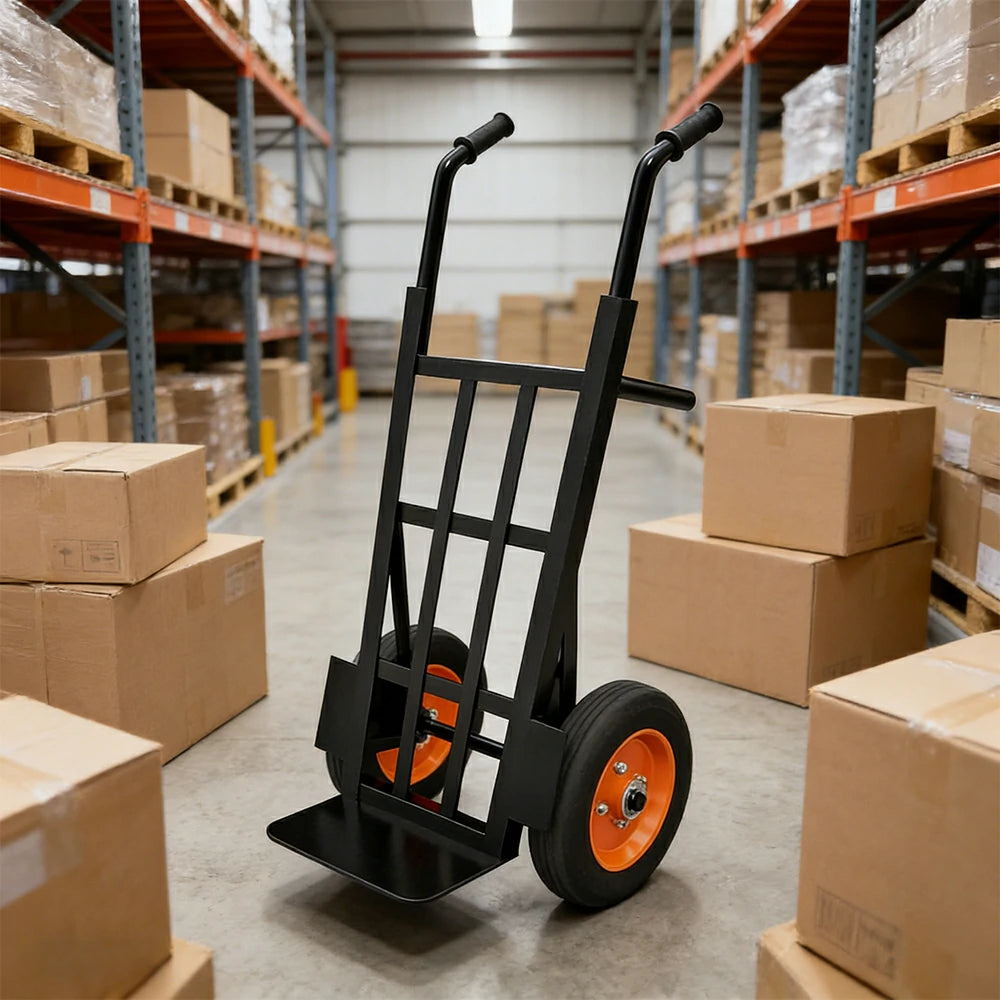 GROVIA Heavy-Duty Hand Truck - 1.3m Reinforced Angle Steel Frame, 450kg Load Capacity, 10-Inch Solid Wheels, Support Leg Design - Black