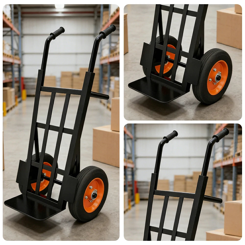 GROVIA Heavy-Duty Hand Truck - 1.3m Reinforced Angle Steel Frame, 450kg Load Capacity, 10-Inch Solid Wheels, Support Leg Design - Black