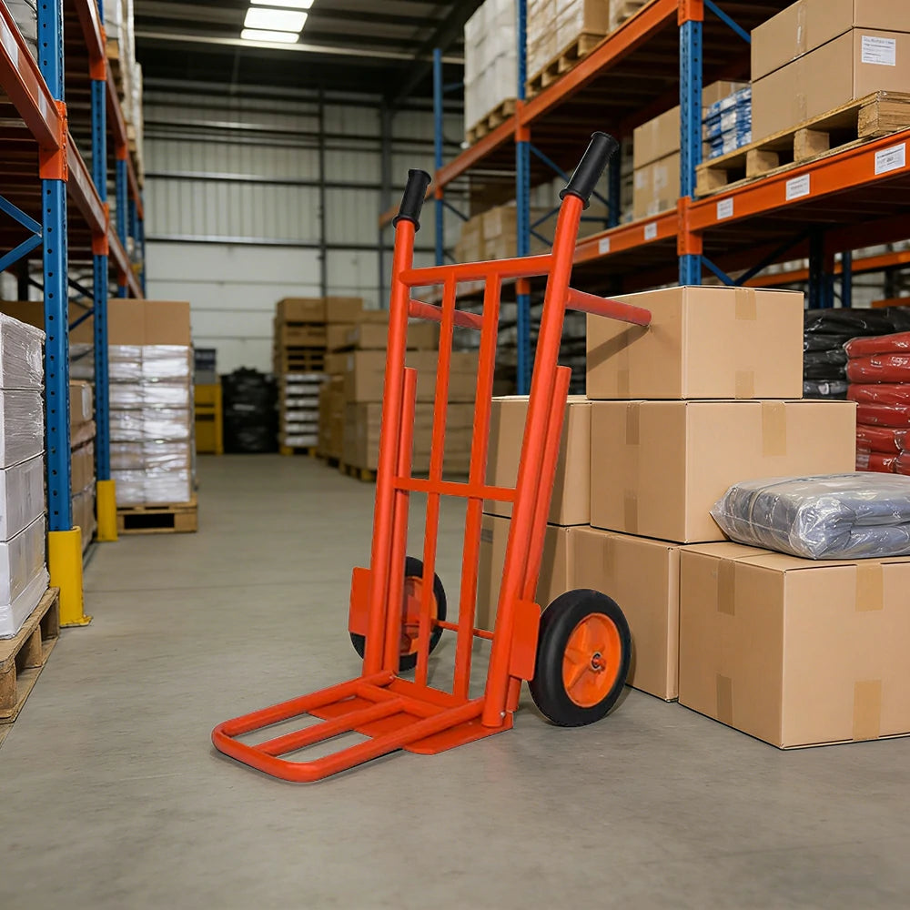GROVIA Heavy-Duty Steel Hand Truck - 1.5m Reinforced Dual-Tube Frame, 600kg Load Capacity, 14-Inch Solid Wheels with Support Legs - Orange