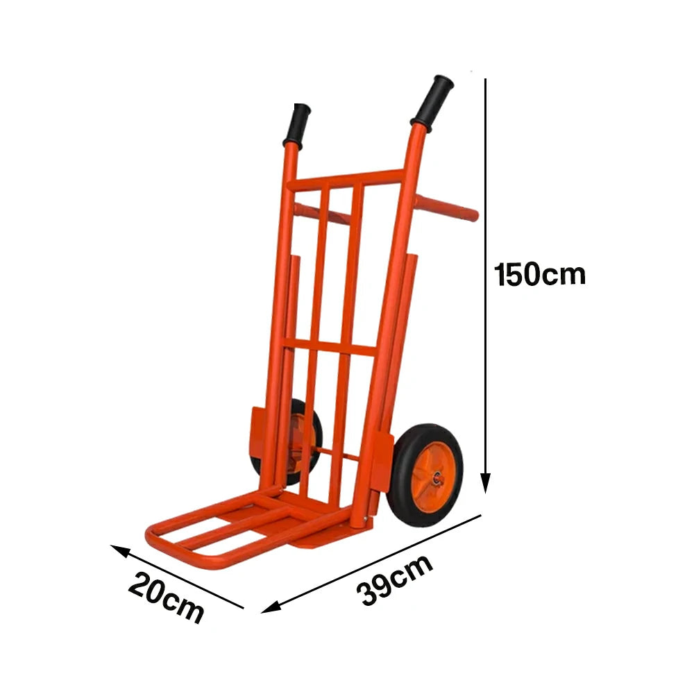 GROVIA Heavy-Duty Steel Hand Truck - 1.5m Reinforced Dual-Tube Frame, 600kg Load Capacity, 14-Inch Solid Wheels with Support Legs - Orange