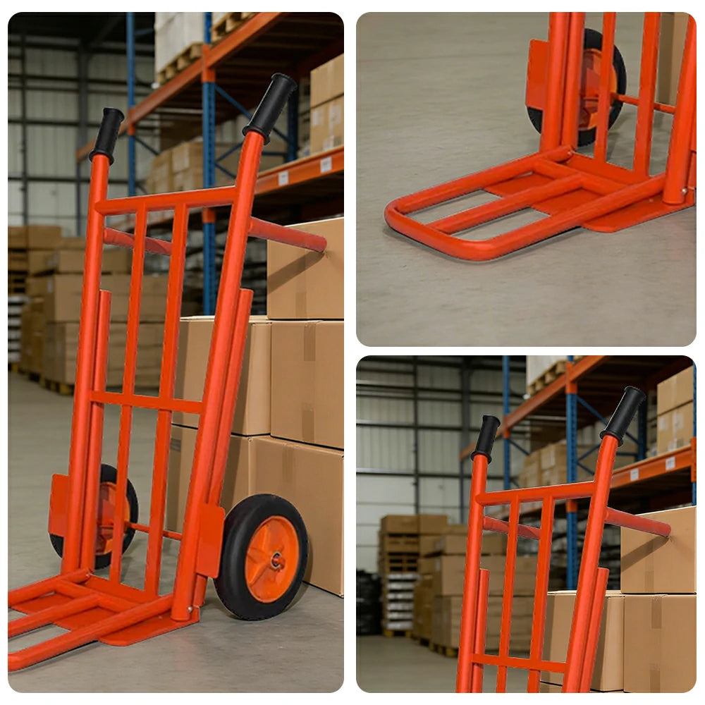 GROVIA Heavy-Duty Steel Hand Truck - 1.5m Reinforced Dual-Tube Frame, 600kg Load Capacity, 14-Inch Solid Wheels with Support Legs - Orange