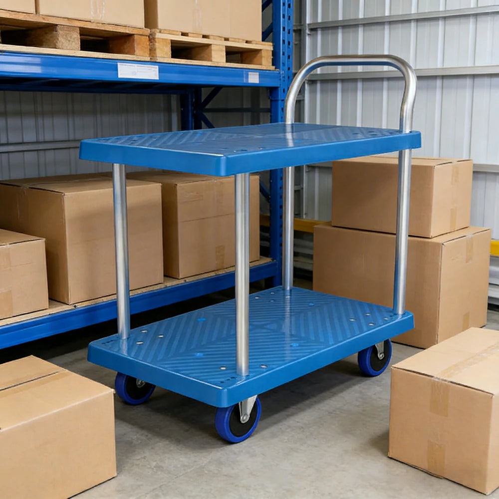 GROVIA Heavy-Duty Double Deck Platform Trolley - 73/90cm, Single Handle, Quiet TPR Wheels, 200/350kg Load Capacity - Blue