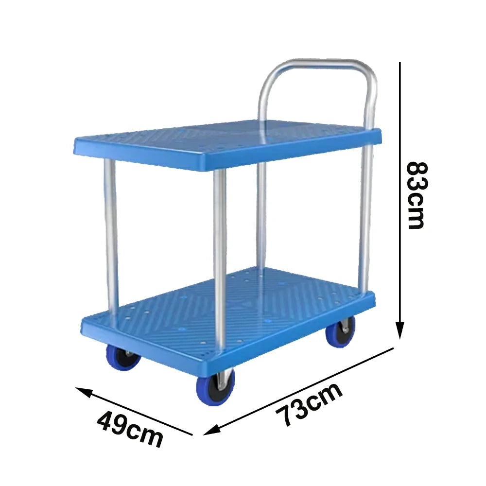 GROVIA Heavy-Duty Double Deck Platform Trolley - 73/90cm, Single Handle, Quiet TPR Wheels, 200/350kg Load Capacity - Blue