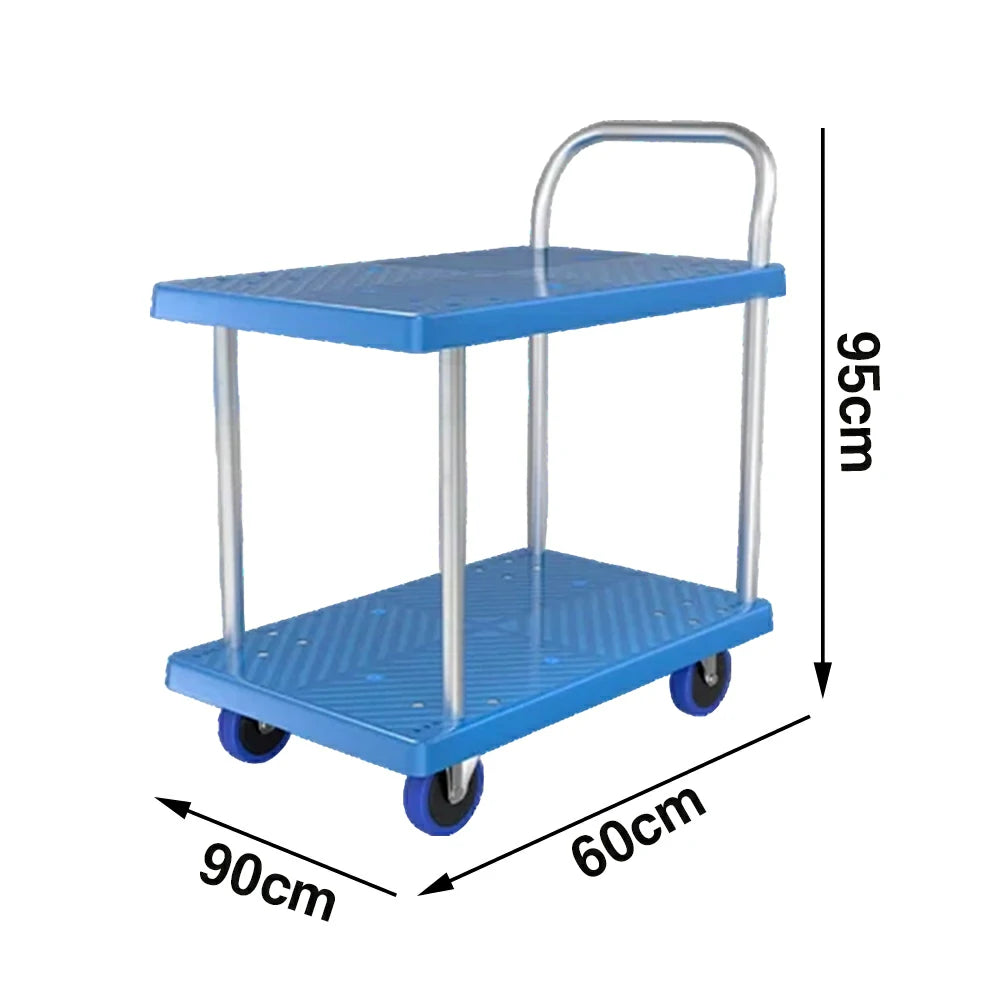 GROVIA Heavy-Duty Double Deck Platform Trolley - 73/90cm, Single Handle, Quiet TPR Wheels, 200/350kg Load Capacity - Blue