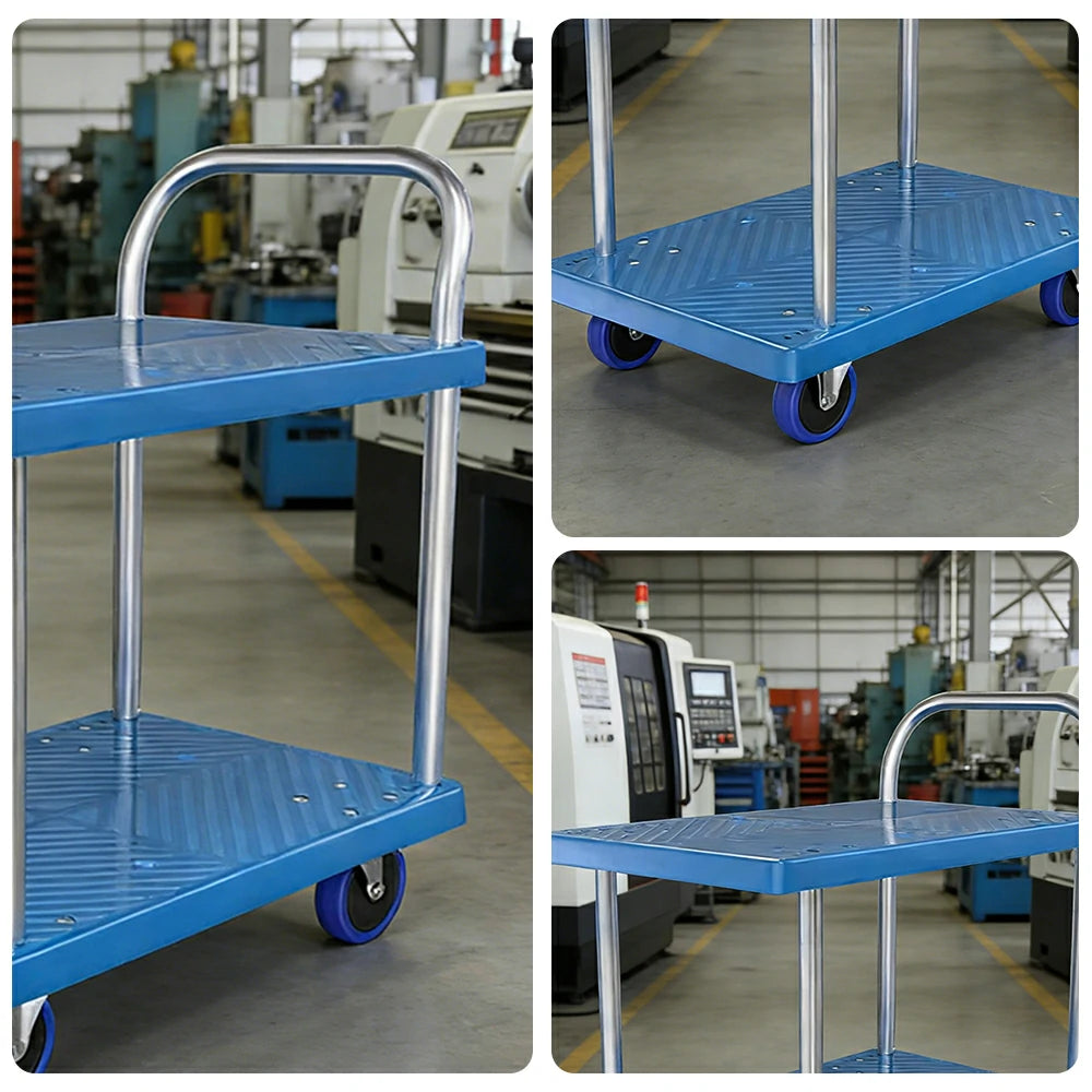 GROVIA Heavy-Duty Double Deck Platform Trolley - 73/90cm, Single Handle, Quiet TPR Wheels, 200/350kg Load Capacity - Blue