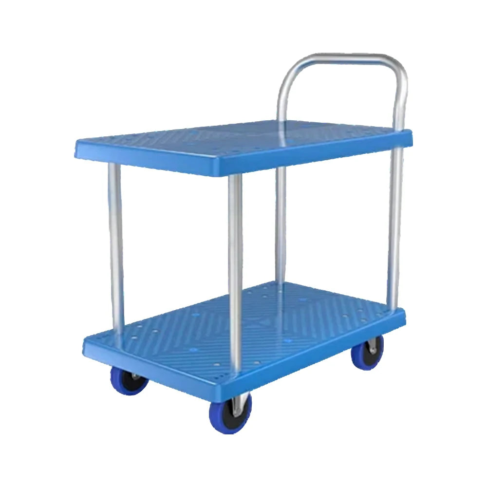 GROVIA Heavy-Duty Double Deck Platform Trolley - 73/90cm, Single Handle, Quiet TPR Wheels, 200/350kg Load Capacity - Blue
