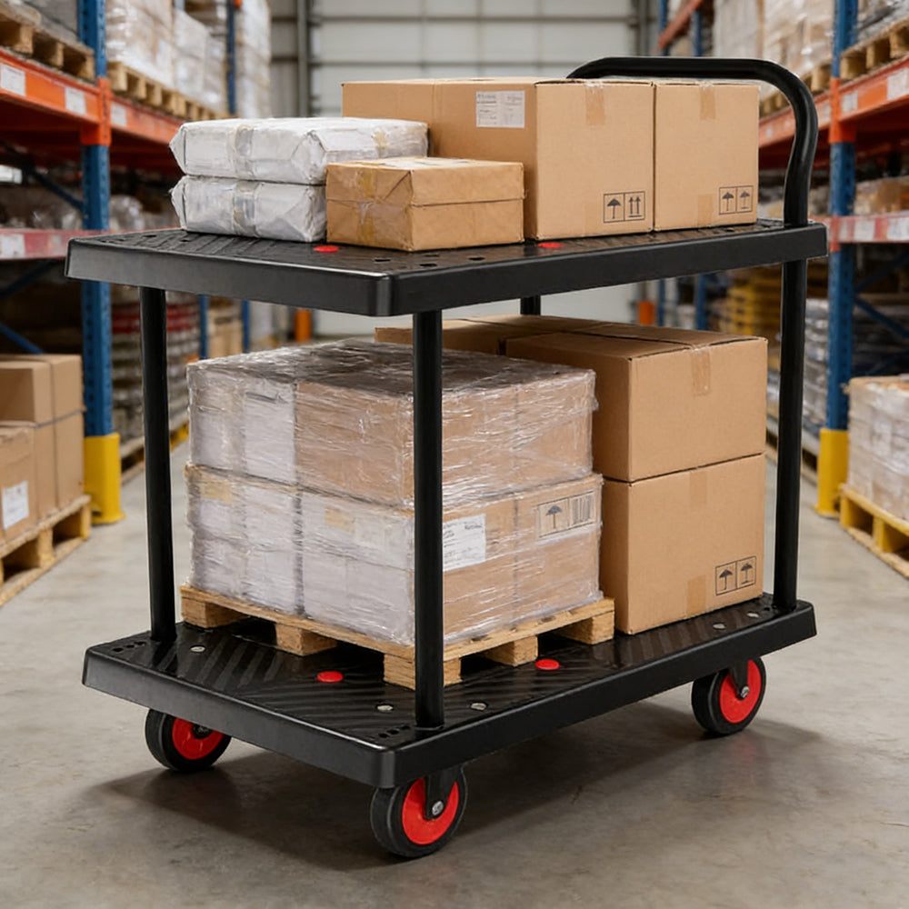 GROVIA Heavy-Duty Double Deck Platform Trolley - 73/90cm, Single Handle, Quiet TPR Wheels, 200/350kg Load Capacity - Black