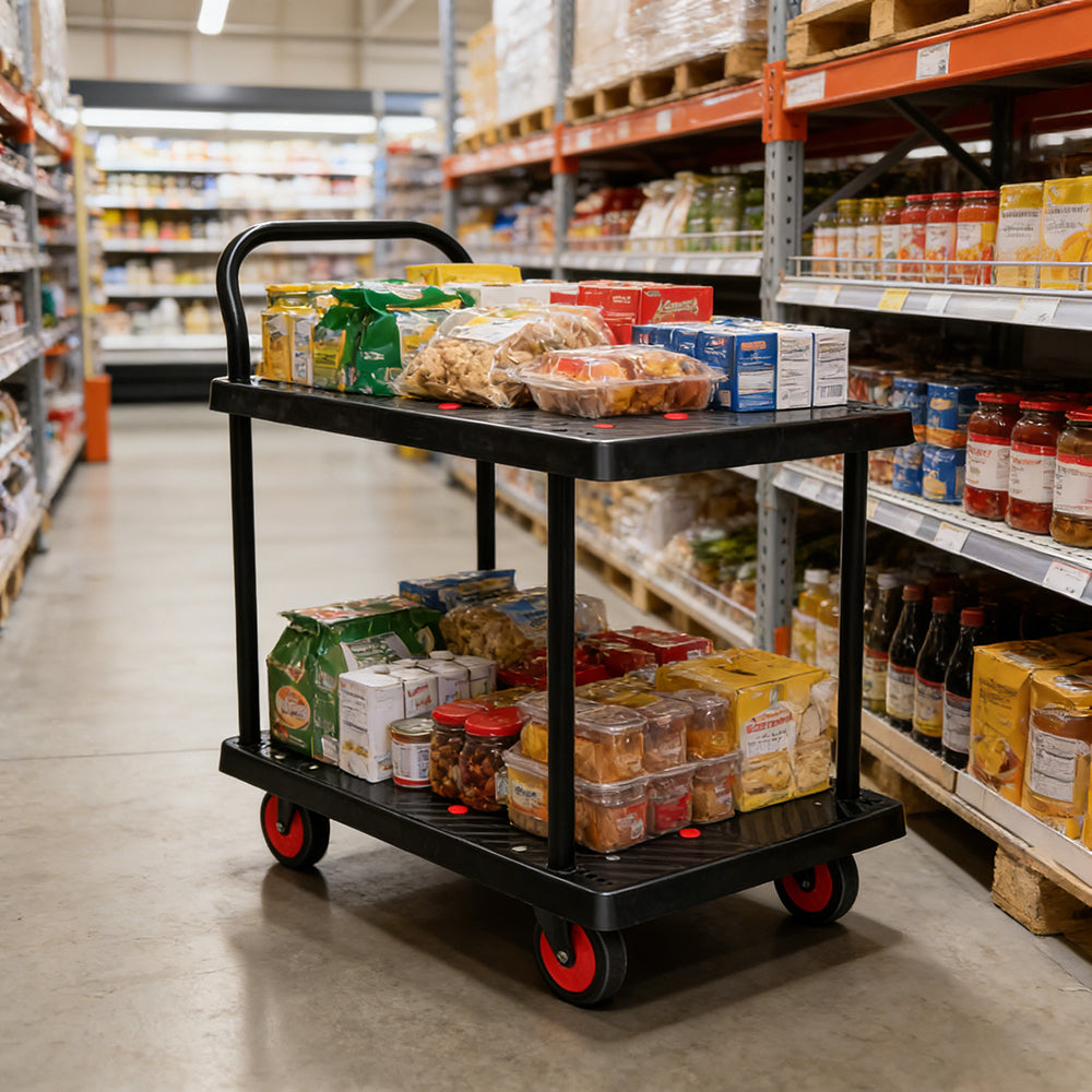 GROVIA Heavy-Duty Double Deck Platform Trolley - 73/90cm, Single Handle, Quiet TPR Wheels, 200/350kg Load Capacity - Black