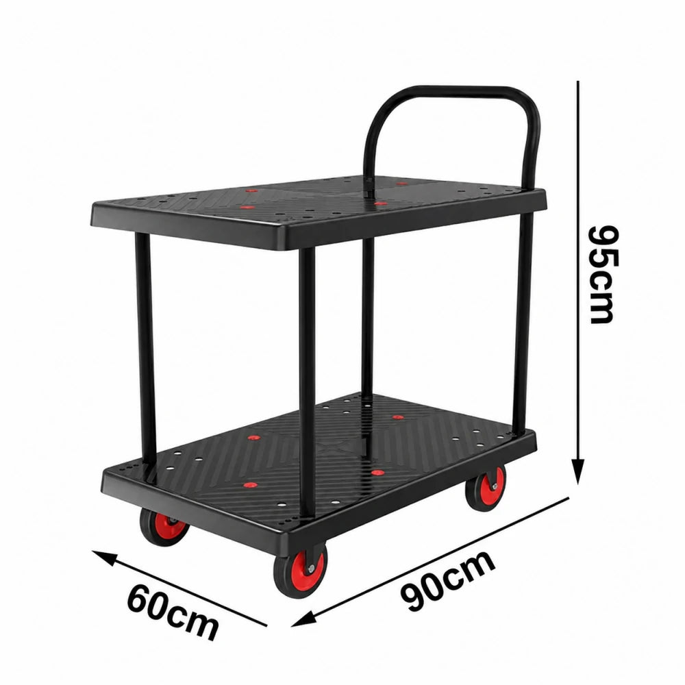 GROVIA Heavy-Duty Double Deck Platform Trolley - 73/90cm, Single Handle, Quiet TPR Wheels, 200/350kg Load Capacity - Black