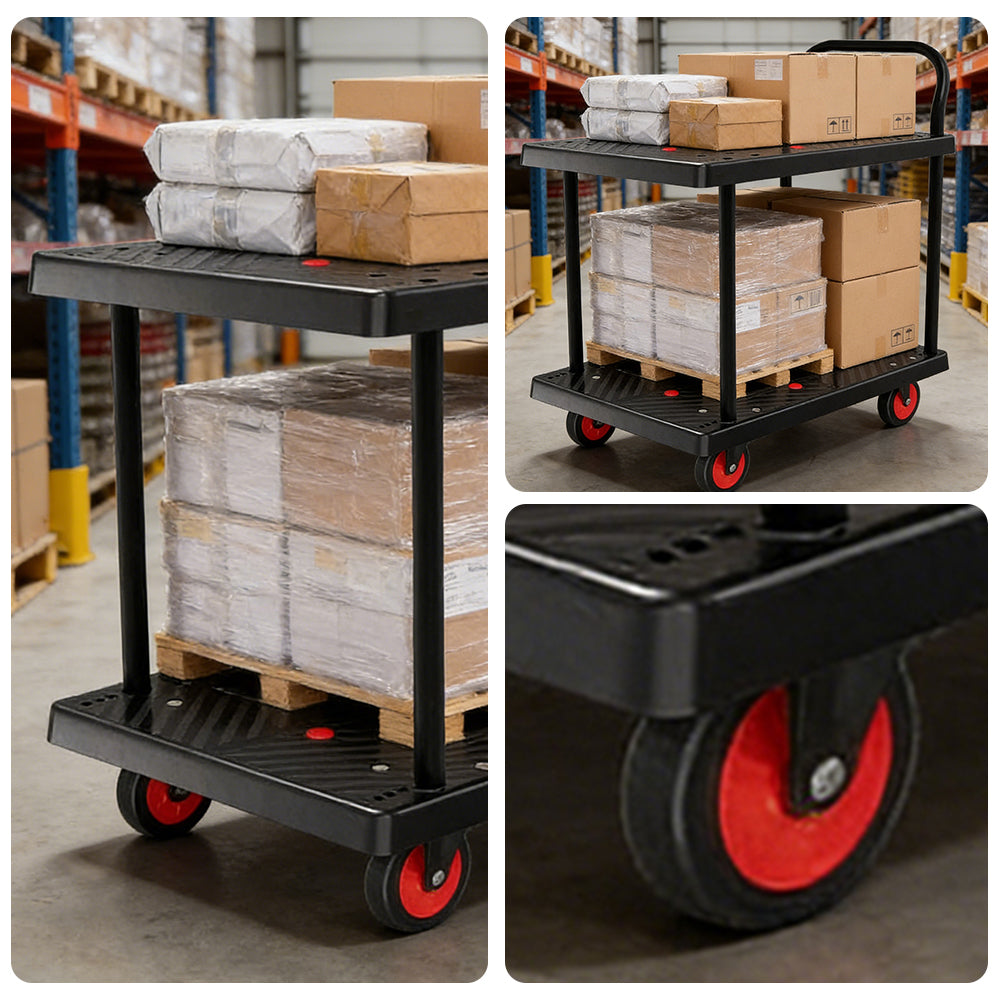 GROVIA Heavy-Duty Double Deck Platform Trolley - 73/90cm, Single Handle, Quiet TPR Wheels, 200/350kg Load Capacity - Black