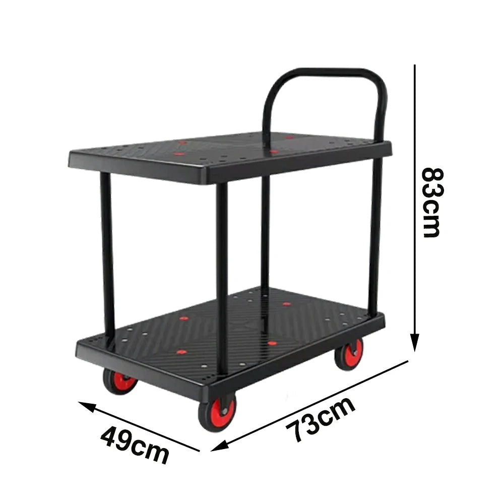 GROVIA Heavy-Duty Double Deck Platform Trolley - 73/90cm, Single Handle, Quiet TPR Wheels, 200/350kg Load Capacity - Black