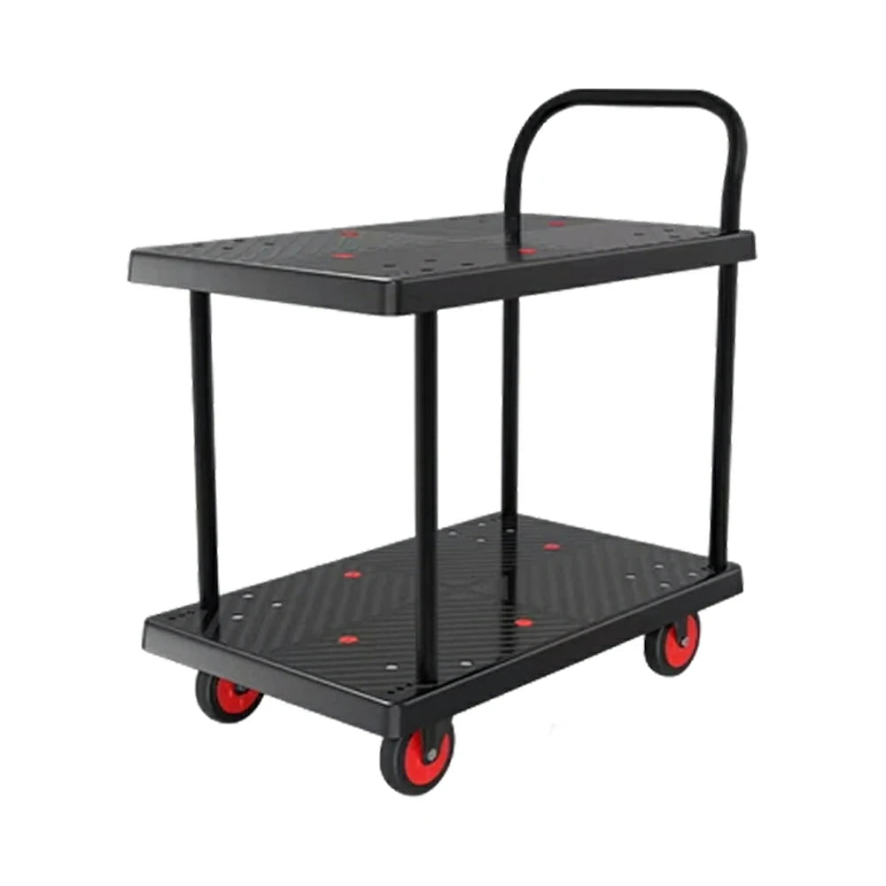 GROVIA Heavy-Duty Double Deck Platform Trolley - 73/90cm, Single Handle, Quiet TPR Wheels, 200/350kg Load Capacity - Black
