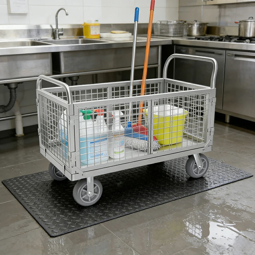 GROVIA Heavy-Duty Mesh Platform Trolley - 90x60cm, Foldable Cage Design, Quiet 6-Inch Rubber Wheels, 300kg Load Capacity - Silver