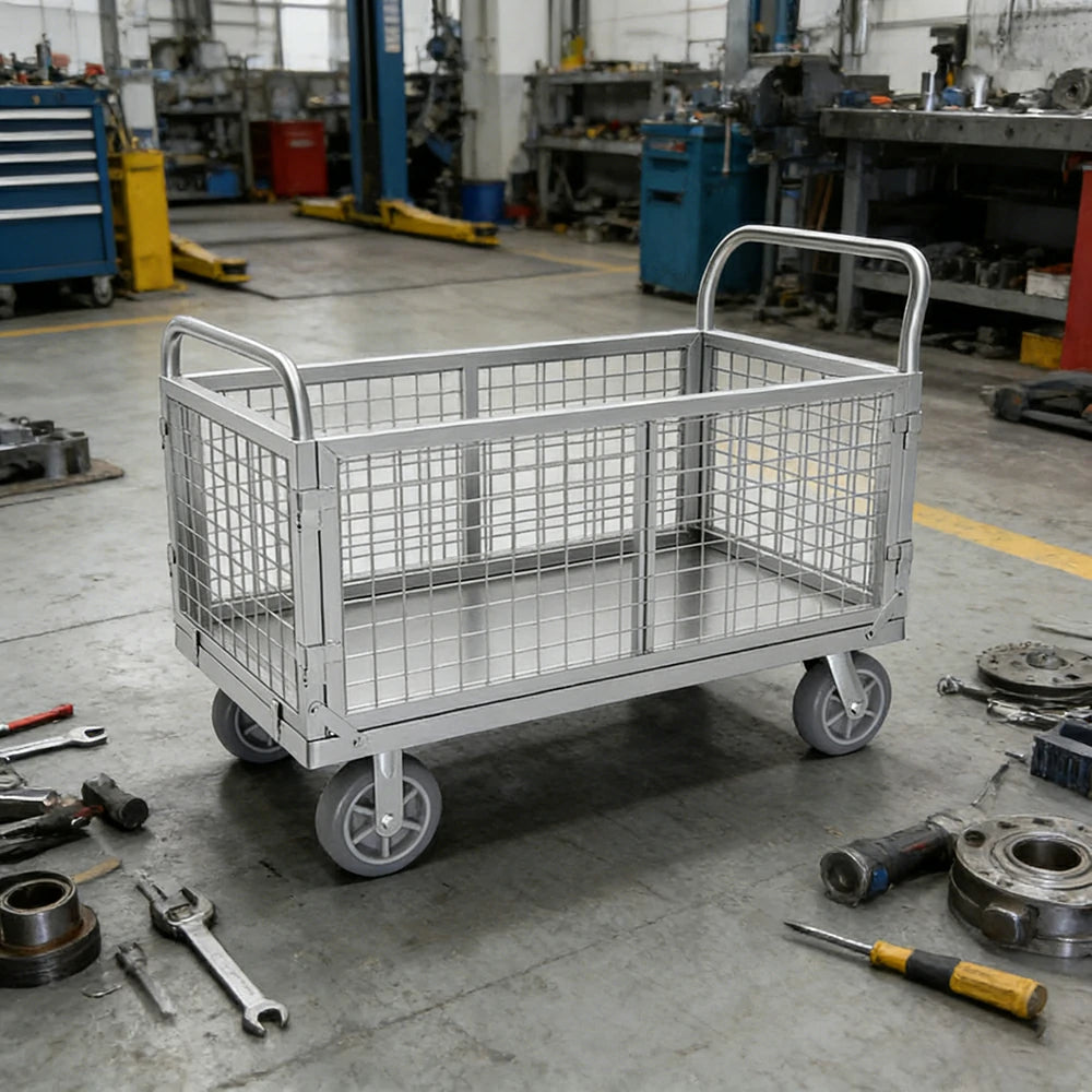GROVIA Heavy-Duty Mesh Platform Trolley - 90x60cm, Foldable Cage Design, Quiet 6-Inch Rubber Wheels, 300kg Load Capacity - Silver