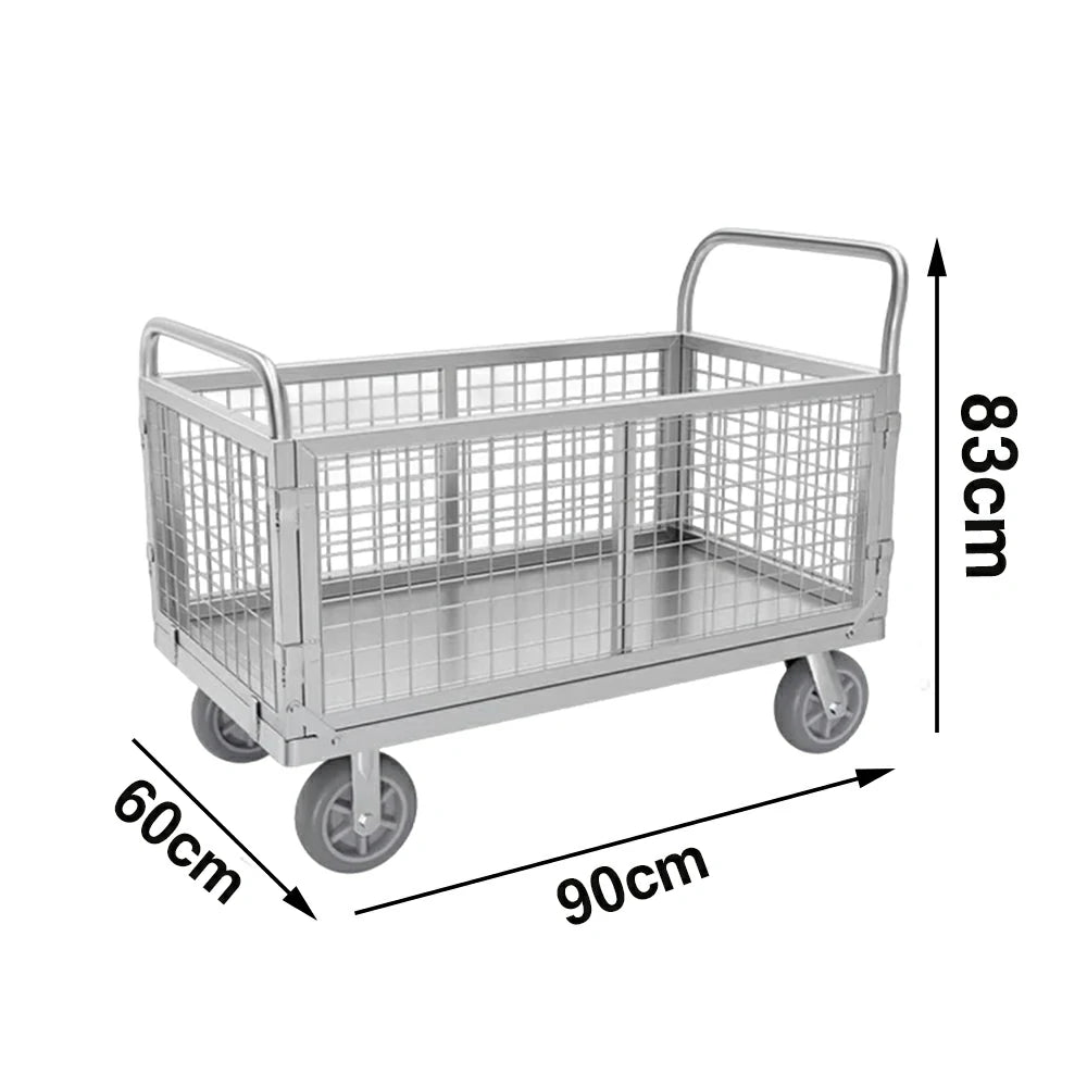 GROVIA Heavy-Duty Mesh Platform Trolley - 90x60cm, Foldable Cage Design, Quiet 6-Inch Rubber Wheels, 300kg Load Capacity - Silver