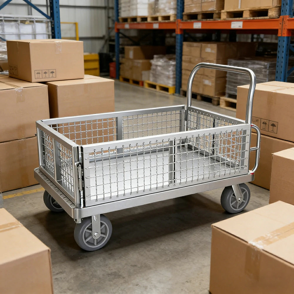 GROVIA Industrial Heavy-Duty Mesh Platform Trolley - 126x76cm, Foldable Cage Design, Quiet 8-Inch Rubber Wheels, High Load Capacity - Silver