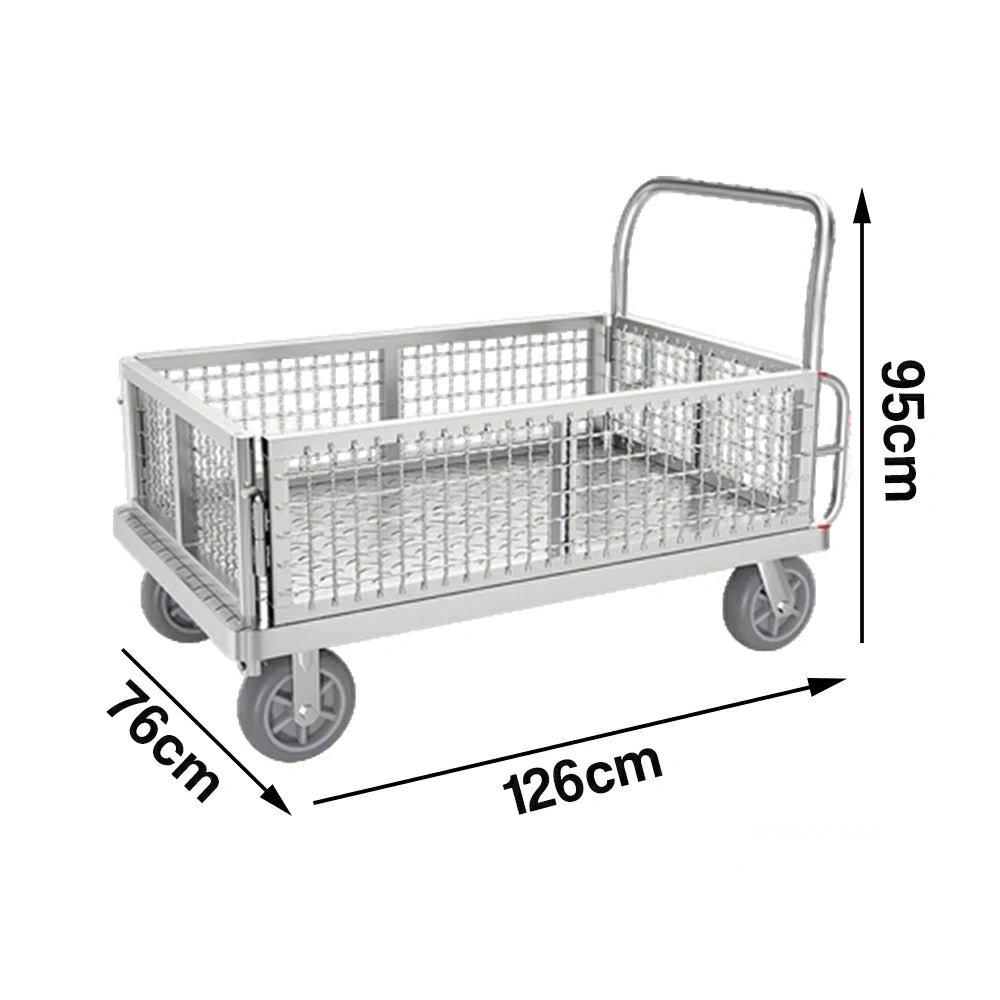 GROVIA Industrial Heavy-Duty Mesh Platform Trolley - 126x76cm, Foldable Cage Design, Quiet 8-Inch Rubber Wheels, High Load Capacity - Silver