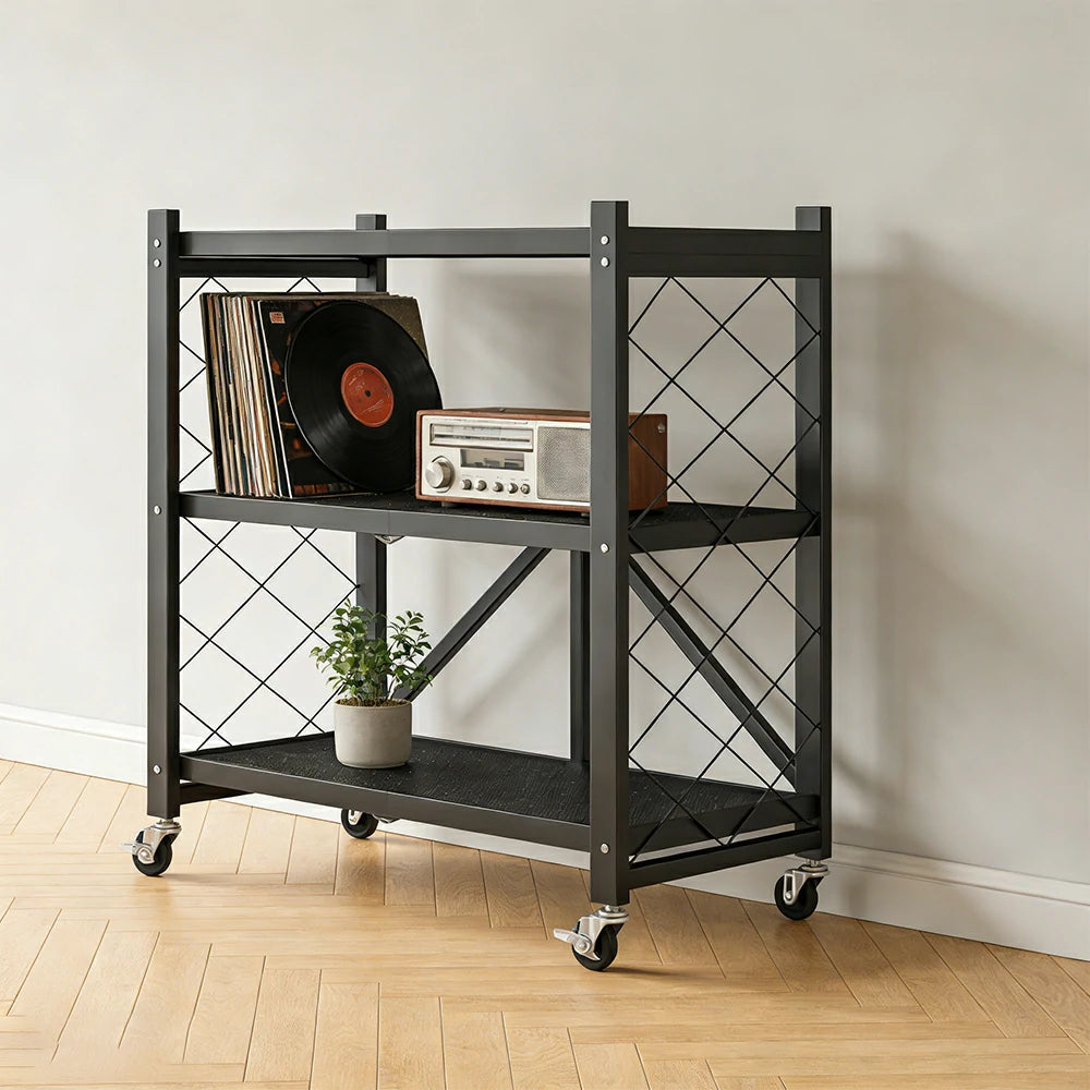 GROVIA 3-Tier Storage Rack, Tool-Free Snap-Lock Assembly, Heavy-Duty Steel Frame, Smooth Castors, Ventilated Shelves - Black
