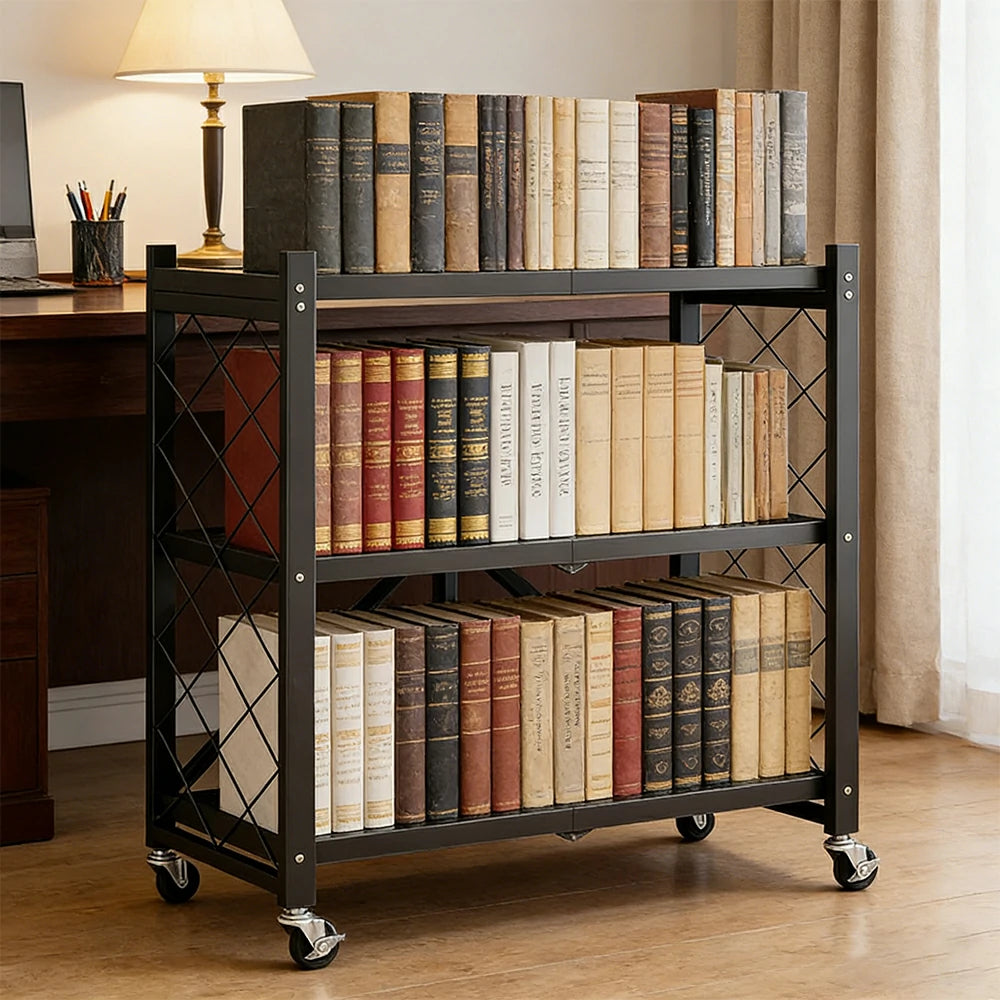 GROVIA 3-Tier Storage Rack, Tool-Free Snap-Lock Assembly, Heavy-Duty Steel Frame, Smooth Castors, Ventilated Shelves - Black