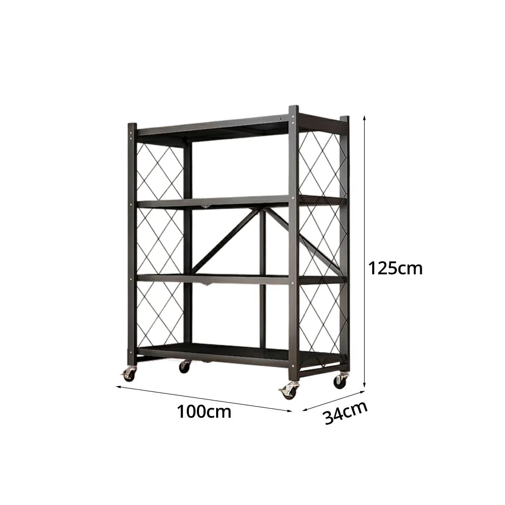 GROVIA 4-Tier Storage Rack, Tool-Free Snap-Lock Assembly, Heavy-Duty Steel Frame, Smooth Castors, Ventilated Shelves - Black