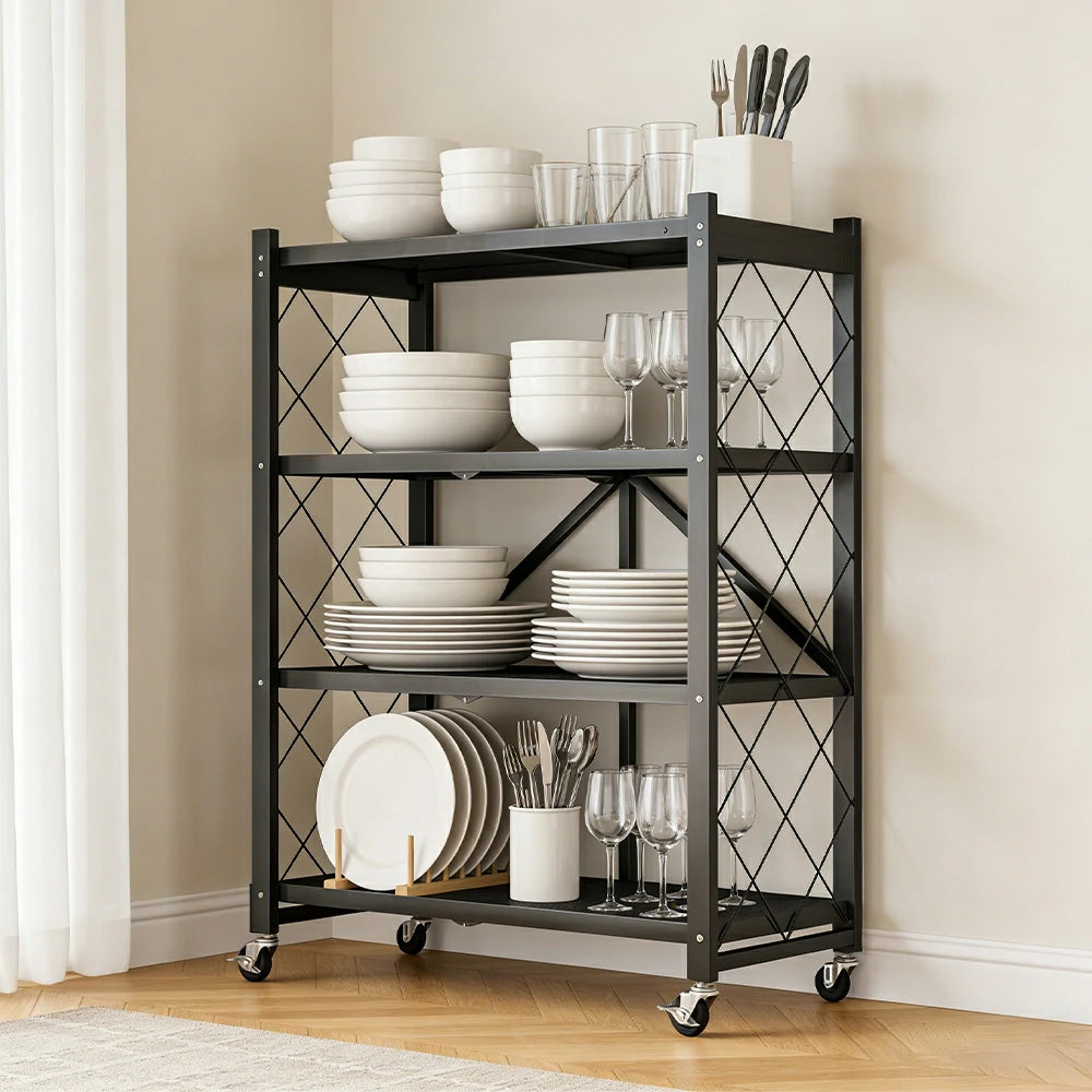 GROVIA 4-Tier Storage Rack, Tool-Free Snap-Lock Assembly, Heavy-Duty Steel Frame, Smooth Castors, Ventilated Shelves - Black