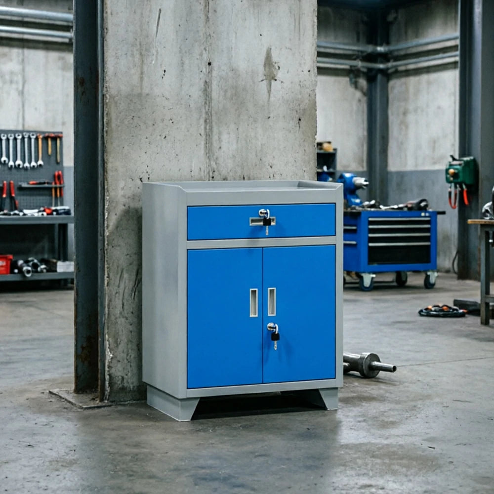 GROVIA Tool Storage Cabinet with Drawer and Raised Feet for Garage Workshop - Grey Blue