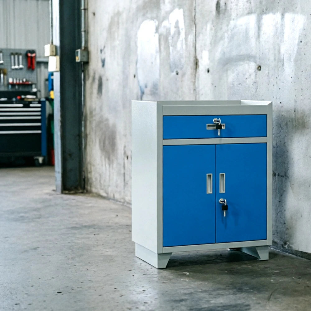 GROVIA Tool Storage Cabinet with Drawer and Raised Feet for Garage Workshop - Grey Blue