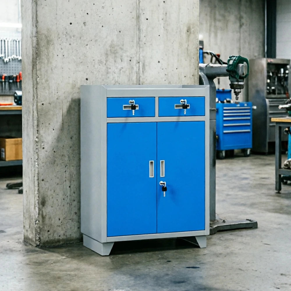 GROVIA Tool Storage Cabinet with 2 Drawers and Raised Feet for Garage Workshop - Grey Blue