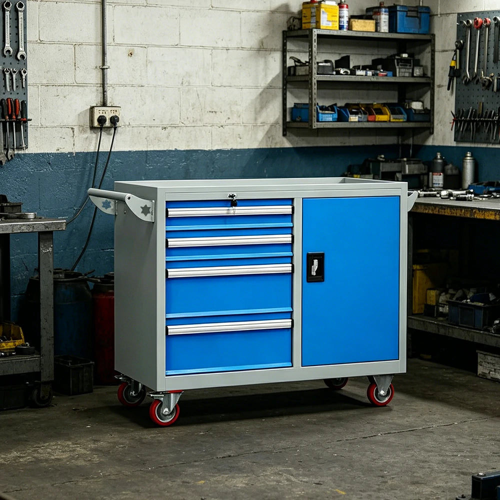 GROVIA Heavy Duty Tool Cart with 4 Drawers and Cabinet Door for Garage Workshop - Grey Blue