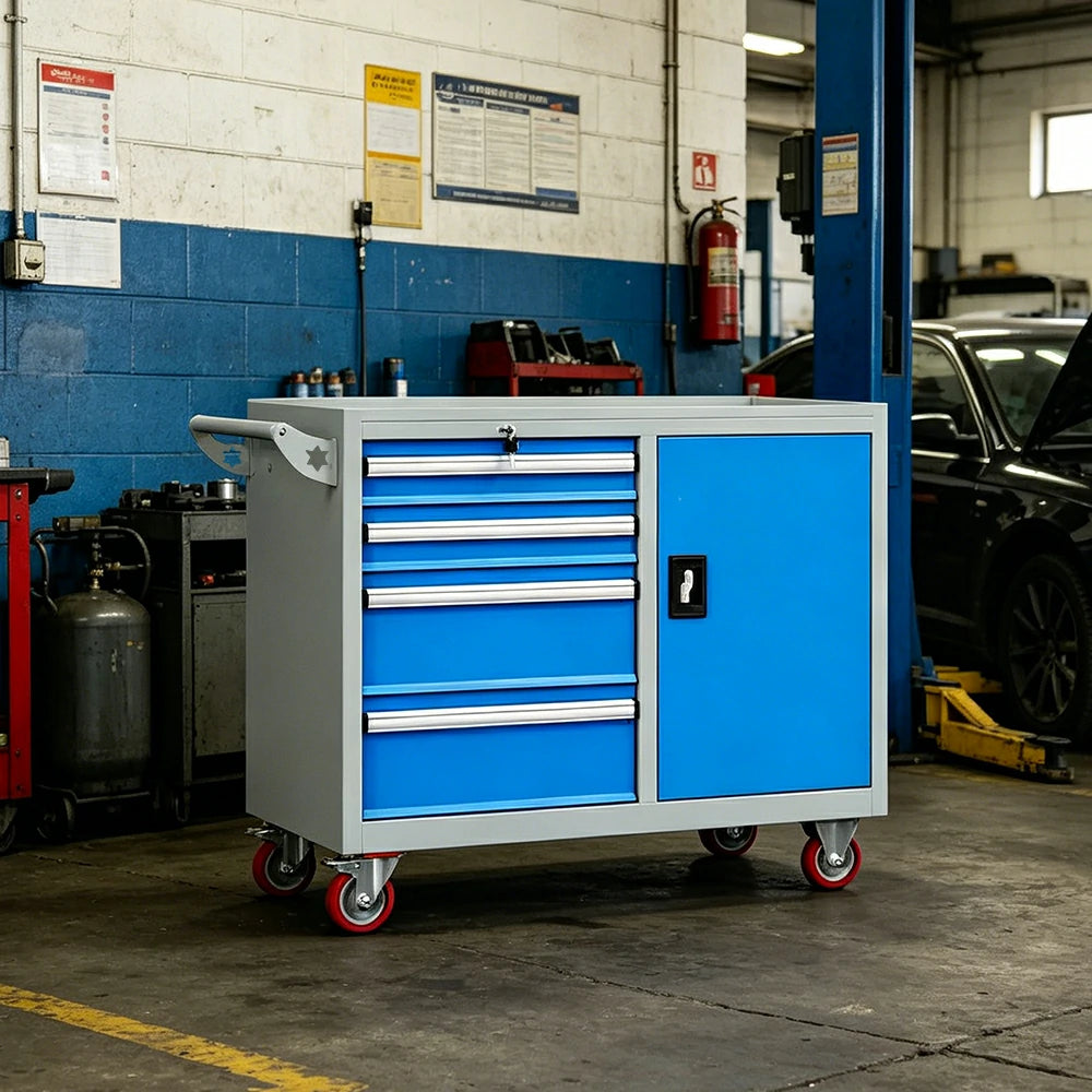GROVIA Heavy Duty Tool Cart with 4 Drawers and Cabinet Door for Garage Workshop - Grey Blue