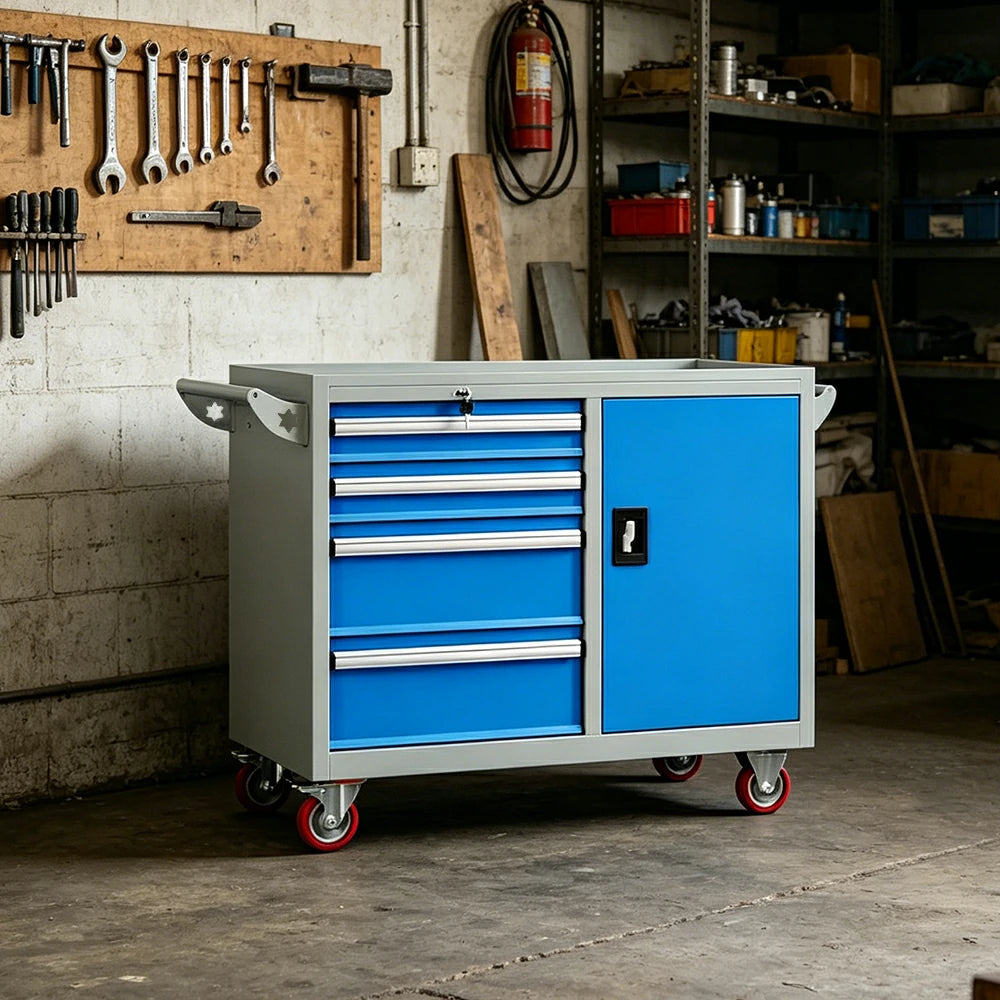GROVIA Heavy Duty Tool Cart with 4 Drawers and Cabinet Door for Garage Workshop - Grey Blue