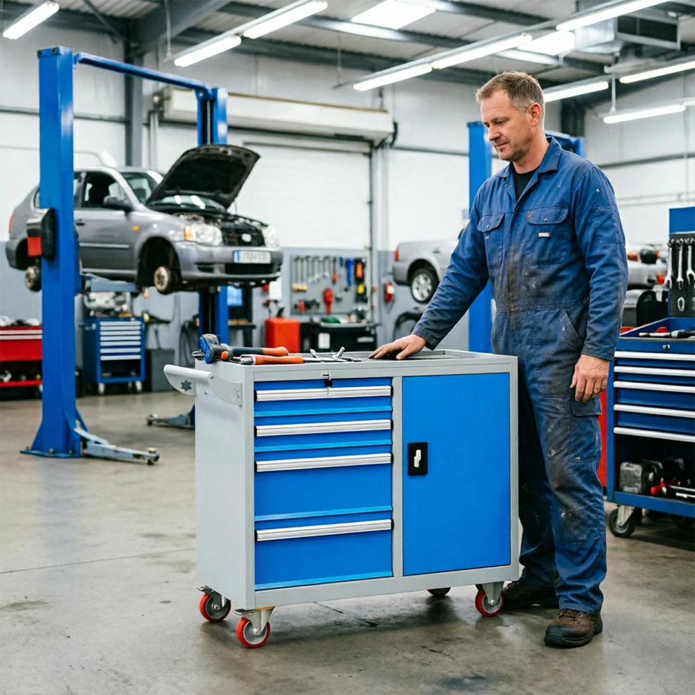 GROVIA Heavy Duty Tool Cart with 4 Drawers and Cabinet Door for Garage Workshop - Grey Blue