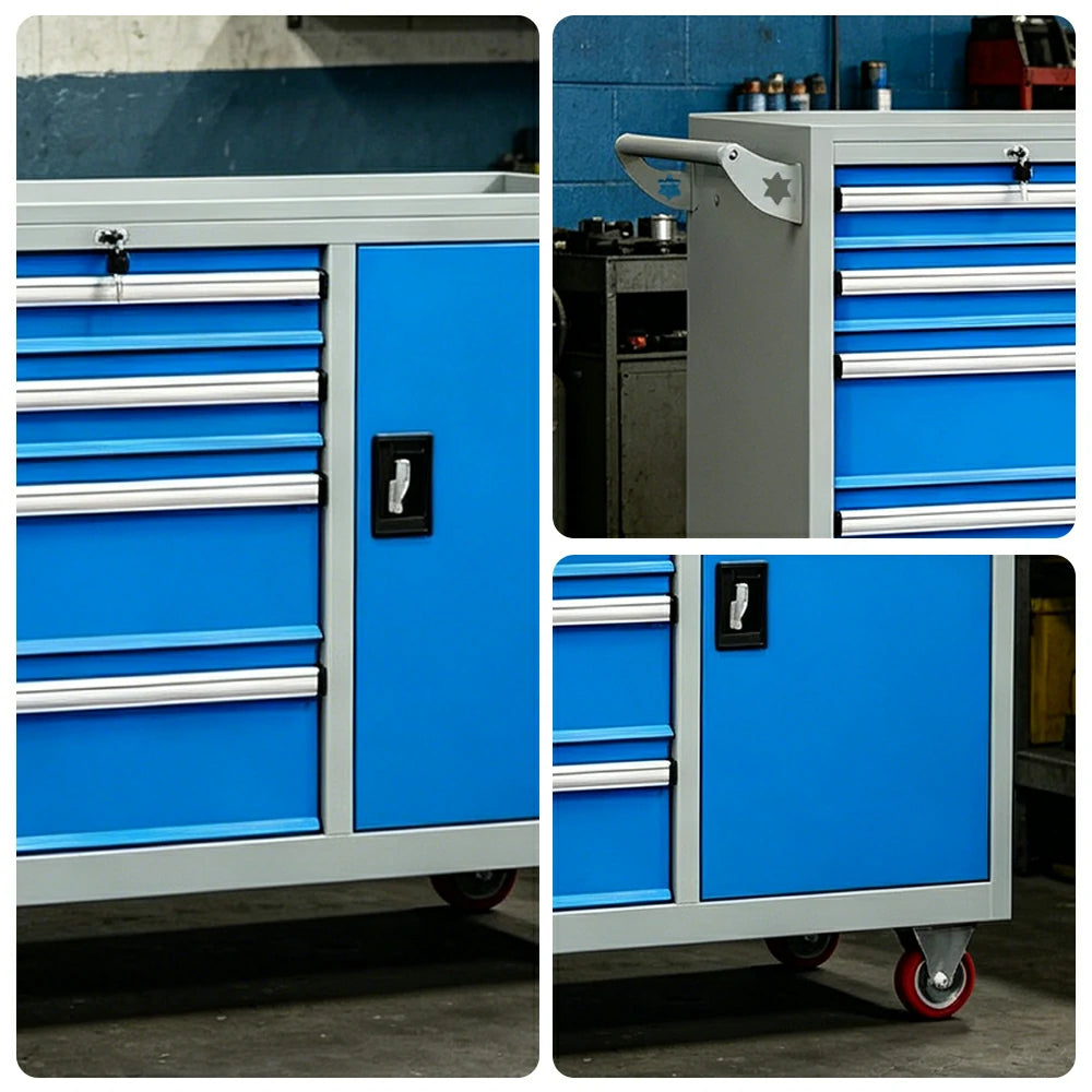 GROVIA Heavy Duty Tool Cart with 4 Drawers and Cabinet Door for Garage Workshop - Grey Blue