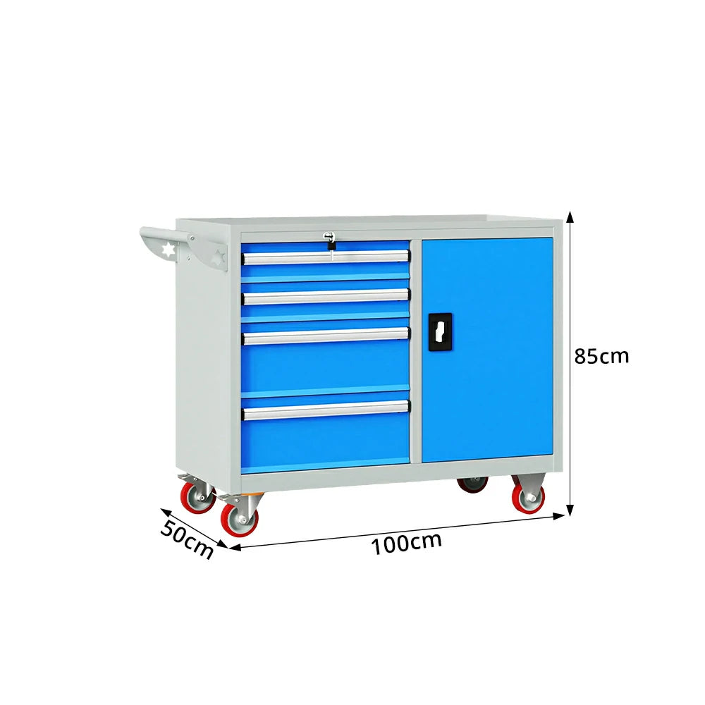 GROVIA Heavy Duty Tool Cart with 4 Drawers and Cabinet Door for Garage Workshop - Grey Blue