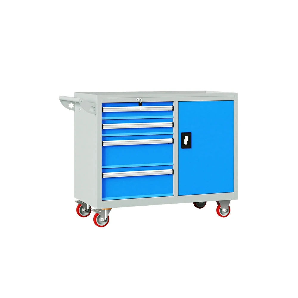 GROVIA Heavy Duty Tool Cart with 4 Drawers and Cabinet Door for Garage Workshop - Grey Blue