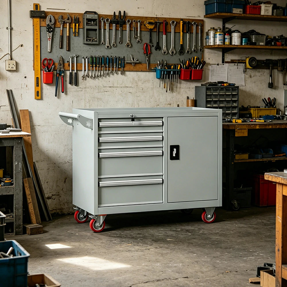 GROVIA Heavy Duty Tool Cart with 4 Drawers and Cabinet Door for Garage Workshop - Grey