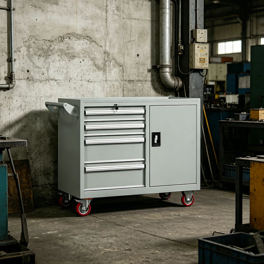 GROVIA Heavy Duty Tool Cart with 4 Drawers and Cabinet Door for Garage Workshop - Grey