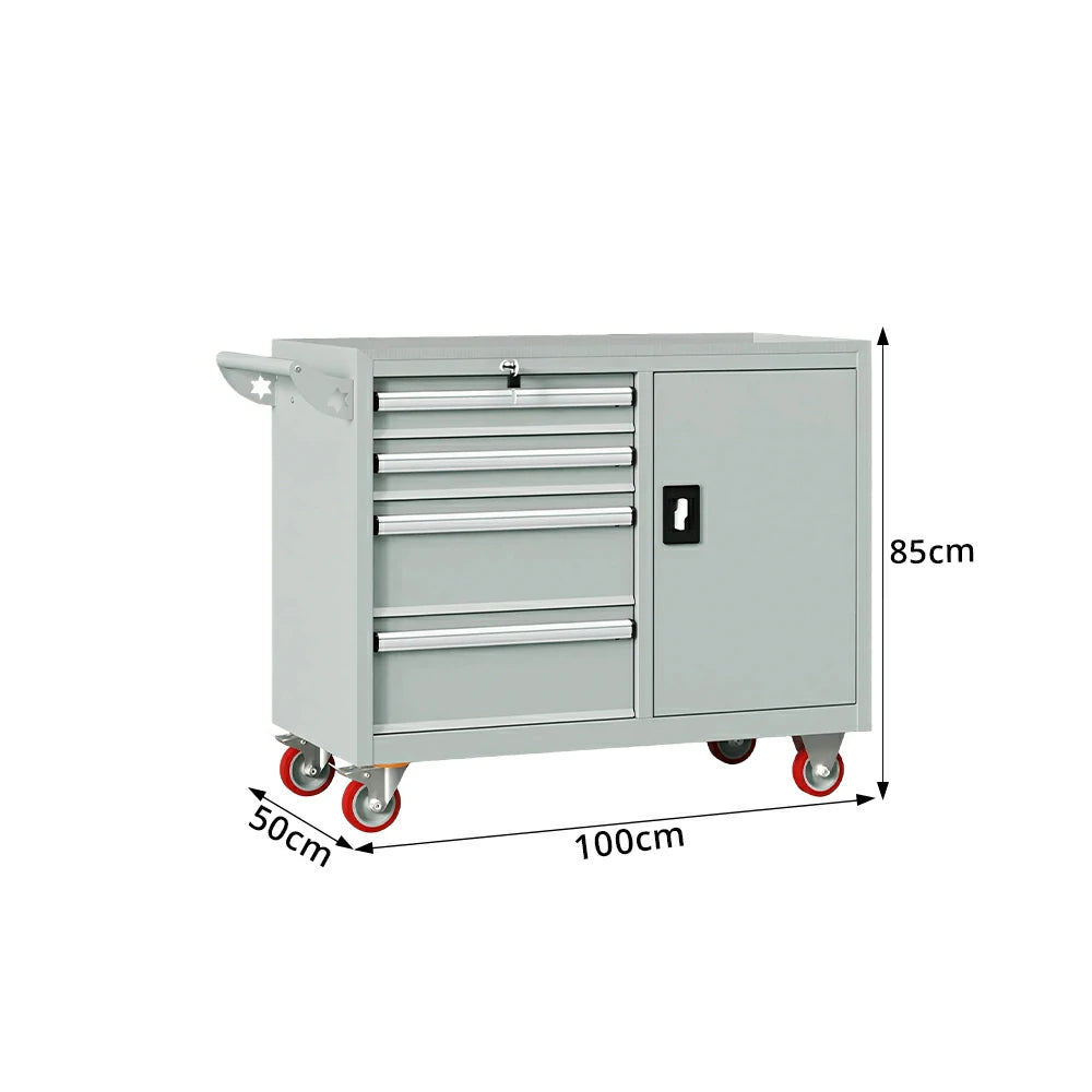 GROVIA Heavy Duty Tool Cart with 4 Drawers and Cabinet Door for Garage Workshop - Grey