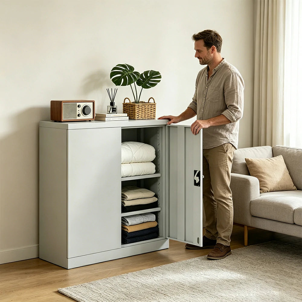 GROVIA Thickened Steel Low Storage Cabinet 100cm Wide for Bedroom Garage & Utility Storage - Grey