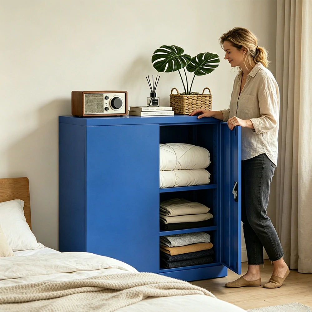 GROVIA Thickened Steel Low Storage Cabinet 100cm Wide for Bedroom Garage & Utility Storage - Blue