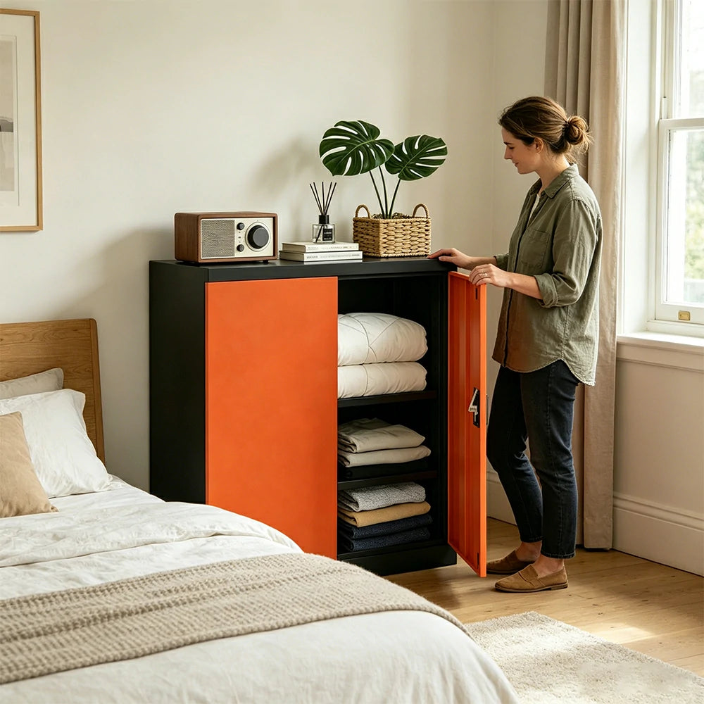 GROVIA Thickened Steel Low Storage Cabinet 100cm Wide for Bedroom Garage & Utility Storage - Orange