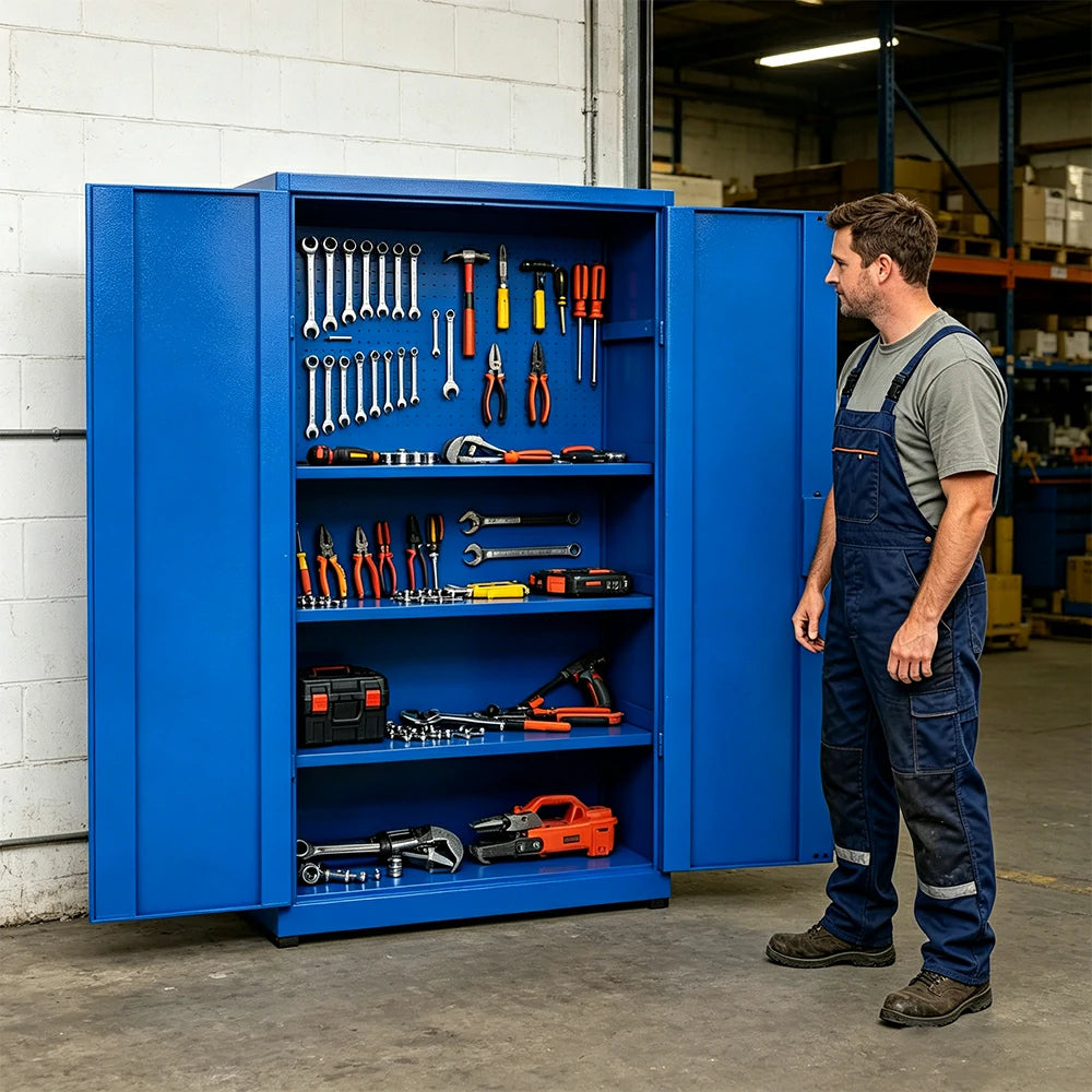 GROVIA Multi-Function Heavy Duty Tool Cabinet 4 Inner Shelves No Pegboard 100cm Wide for Garage & Workshop Storage - Blue