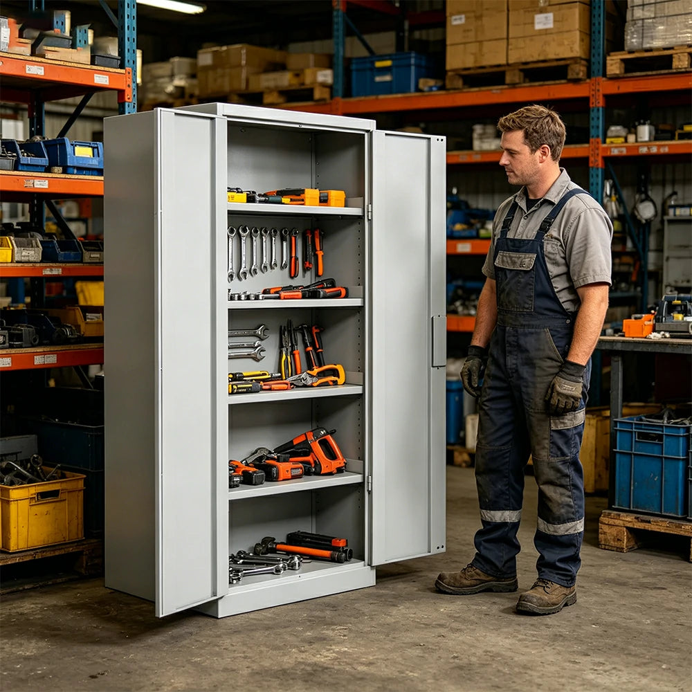 GROVIA Multi-Function Heavy Duty Tool Cabinet 4 Inner Shelves No Pegboard 100cm Wide for Garage & Workshop Storage - Grey & White