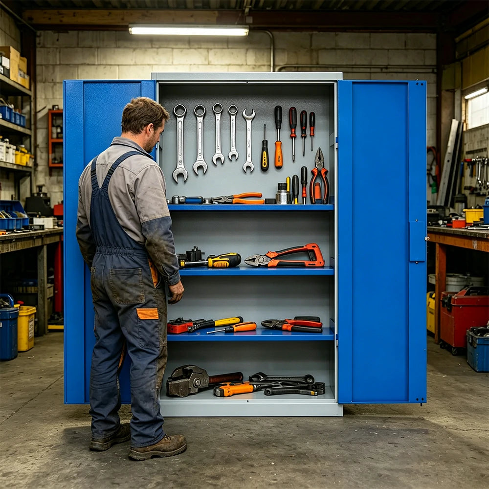 GROVIA Multi-Function Heavy Duty Tool Cabinet 4 Inner Shelves No Pegboard 100cm Wide for Garage & Workshop Storage - Blue & Grey