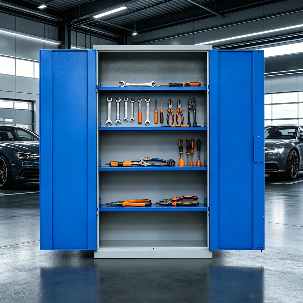 GROVIA Multi-Function Heavy Duty Tool Cabinet 4 Inner Shelves No Pegboard 100cm Wide for Garage & Workshop Storage - Blue & Grey