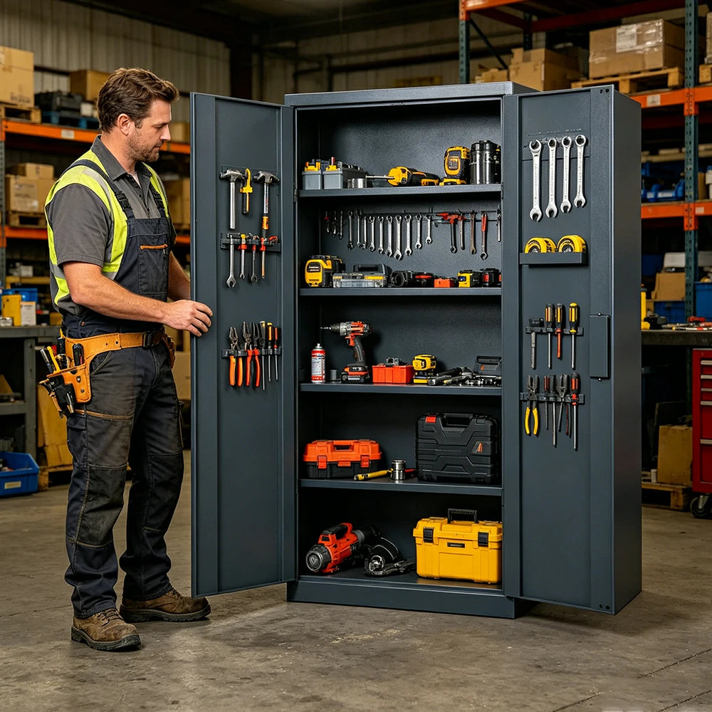 GROVIA Multi-Function Heavy Duty Tool Cabinet 4 Inner Shelves No Pegboard 100cm Wide for Garage & Workshop Storage - Grey