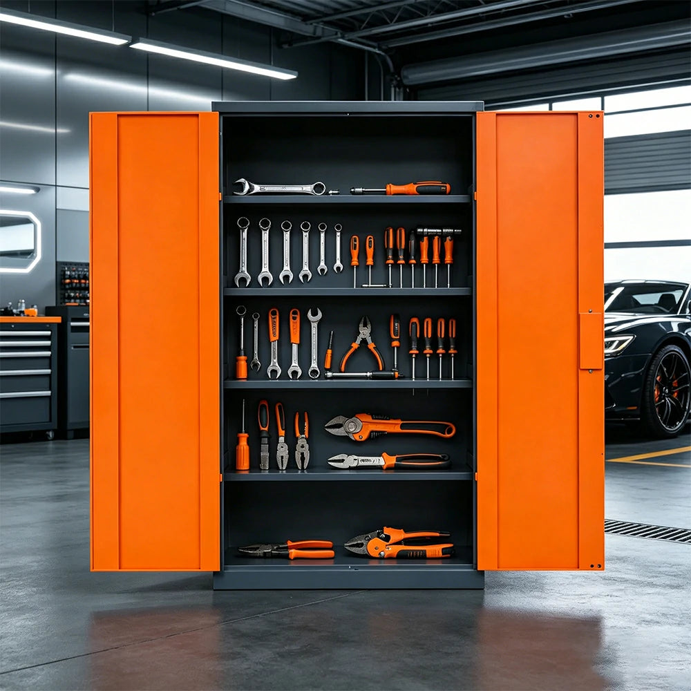 GROVIA Multifunction Tool Cabinet - 4 Inner Shelves No Mesh Door for Garage Workshop - Orange Grey