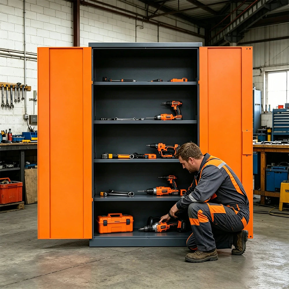 GROVIA Multifunction Tool Cabinet - 4 Inner Shelves No Mesh Door for Garage Workshop - Orange Grey