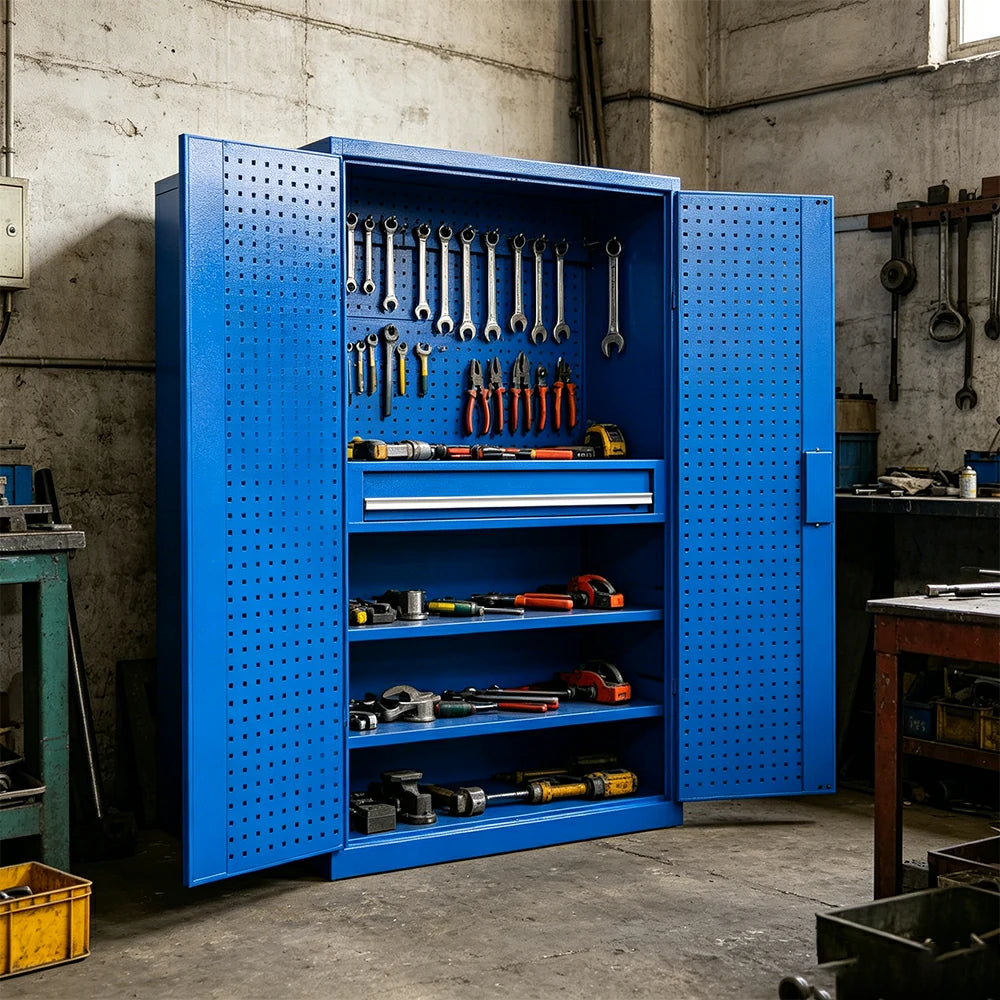 GROVIA Multi-Function Tool Cabinet with Drawer and Mesh Panel for Garage Workshop - Blue