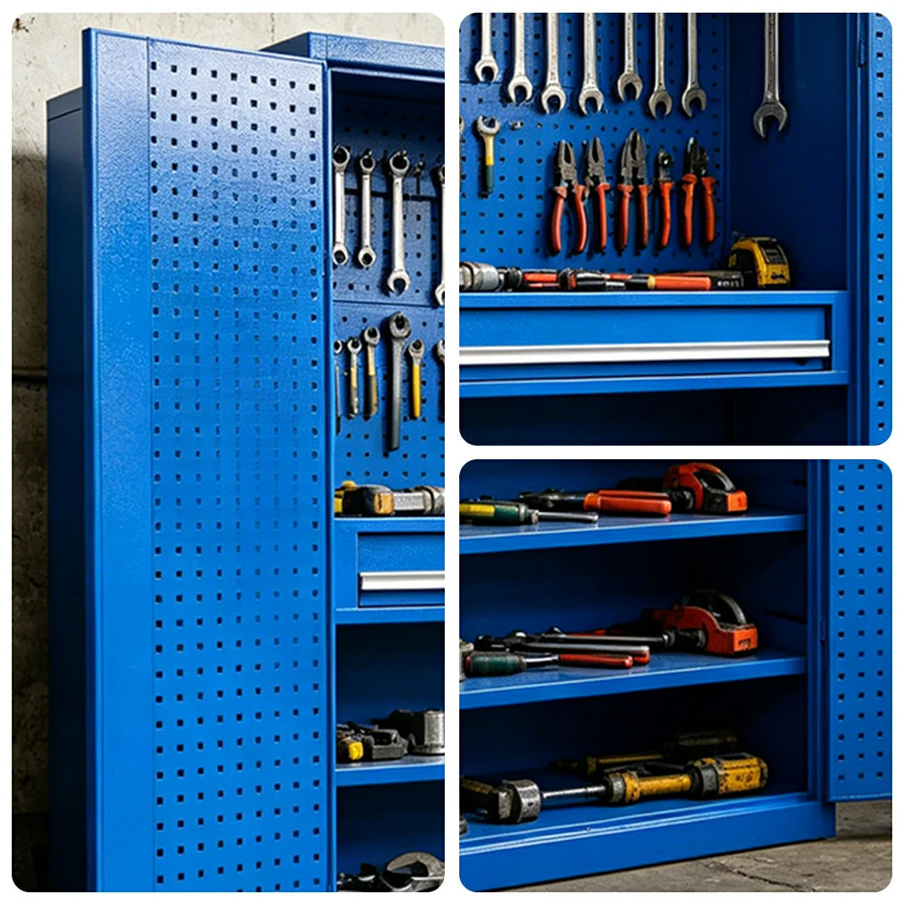 GROVIA Multi-Function Tool Cabinet with Drawer and Mesh Panel for Garage Workshop - Blue